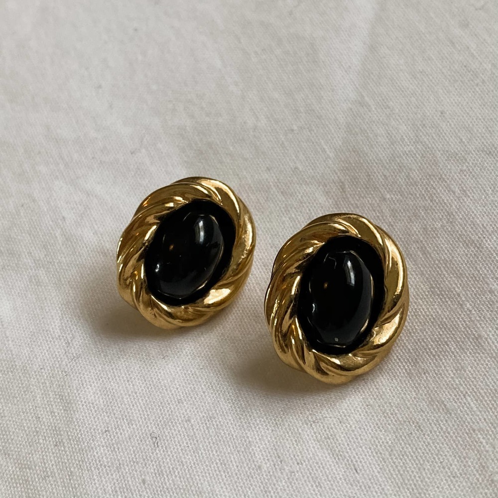 VTG KJL for Avon Black Gold Oval Twist Earrings